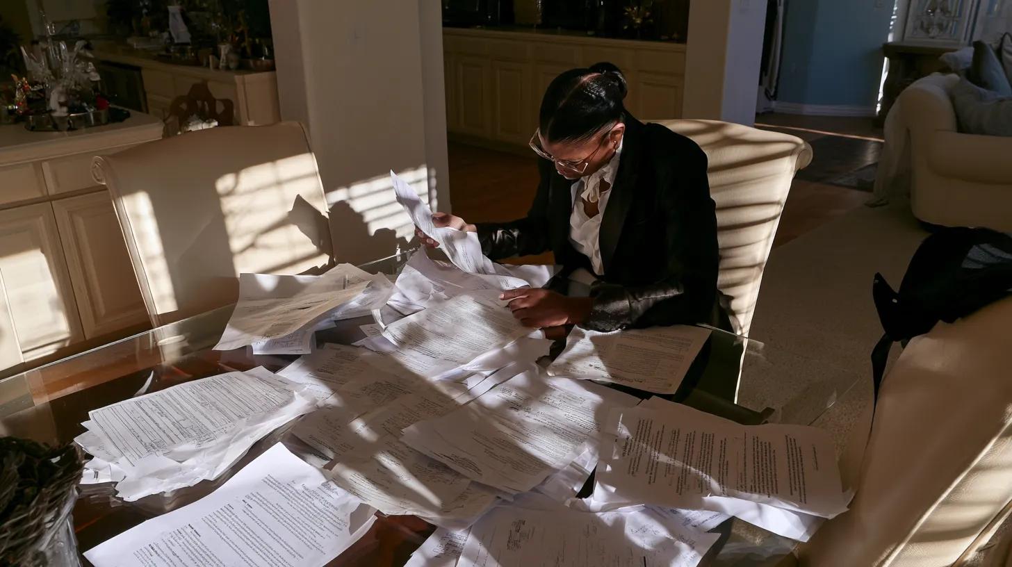 Woman reviewing legal records and supporting documents while preparing a Nevada pardon application.