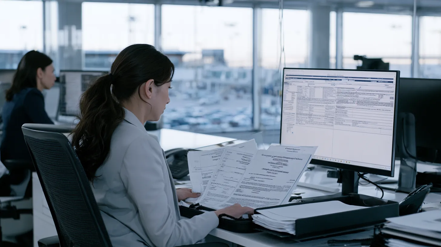 Airport employee reviewing background screening documents related to SIDA badge eligibility and employment requirements.