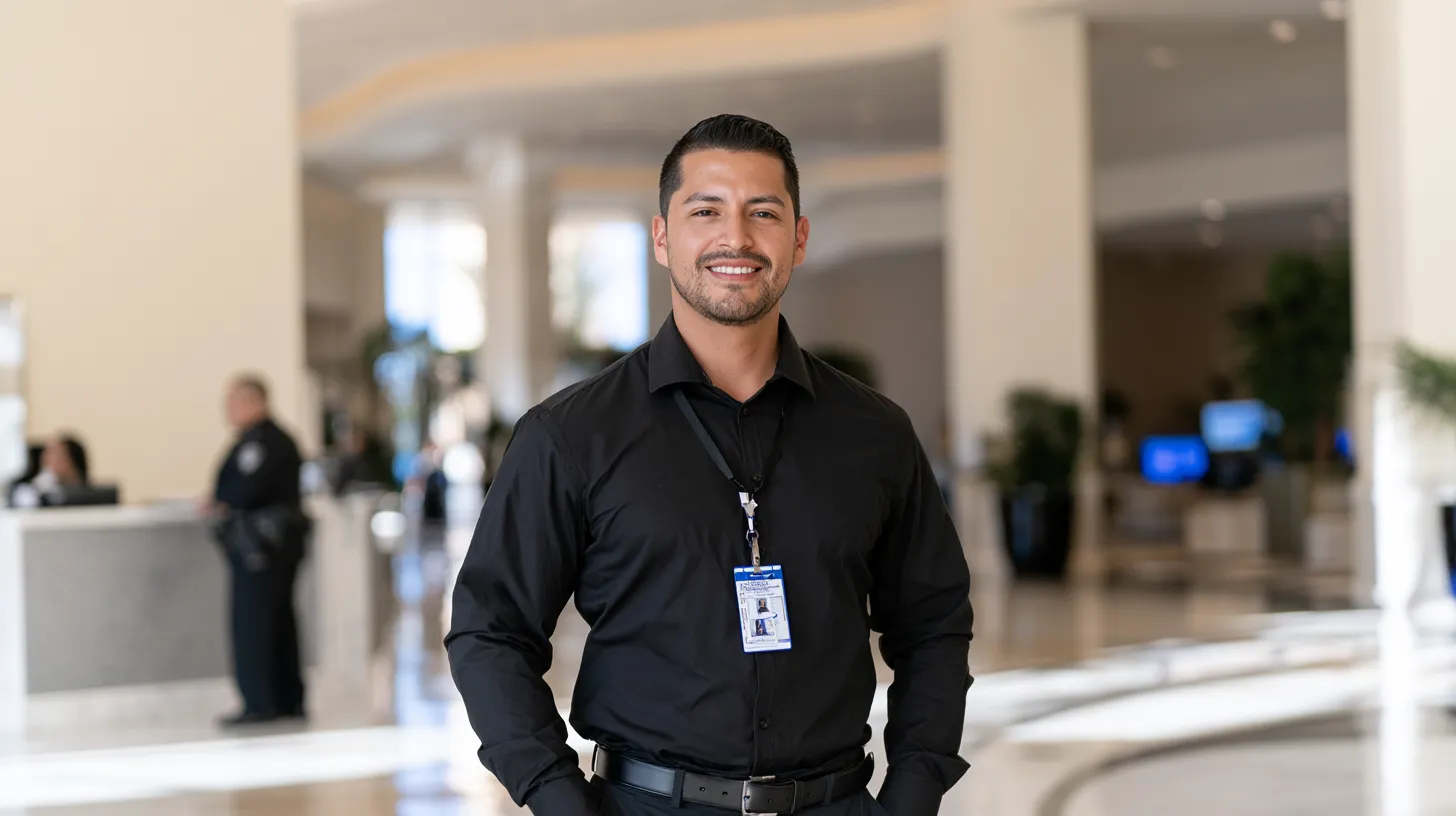 Security employee wearing an identification badge while working in a professional Nevada security setting.