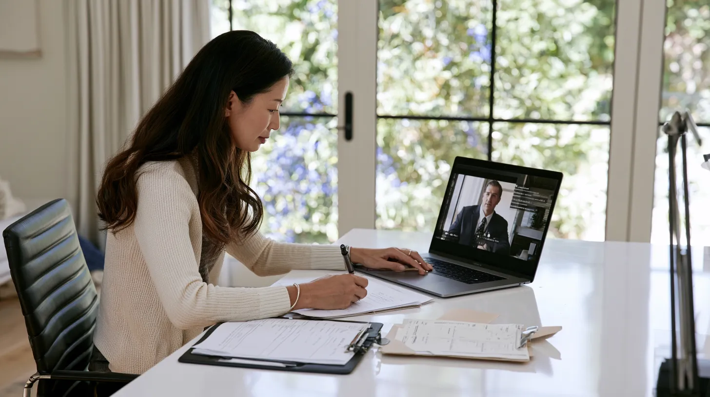 Woman reviewing old Nevada criminal case documents during a virtual legal consultation about clearing a marijuana conviction.