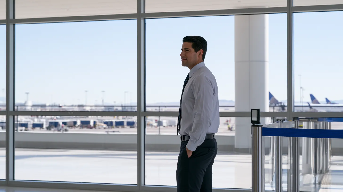 Airport job applicant inside a terminal while navigating criminal record screening and SIDA badge eligibility.