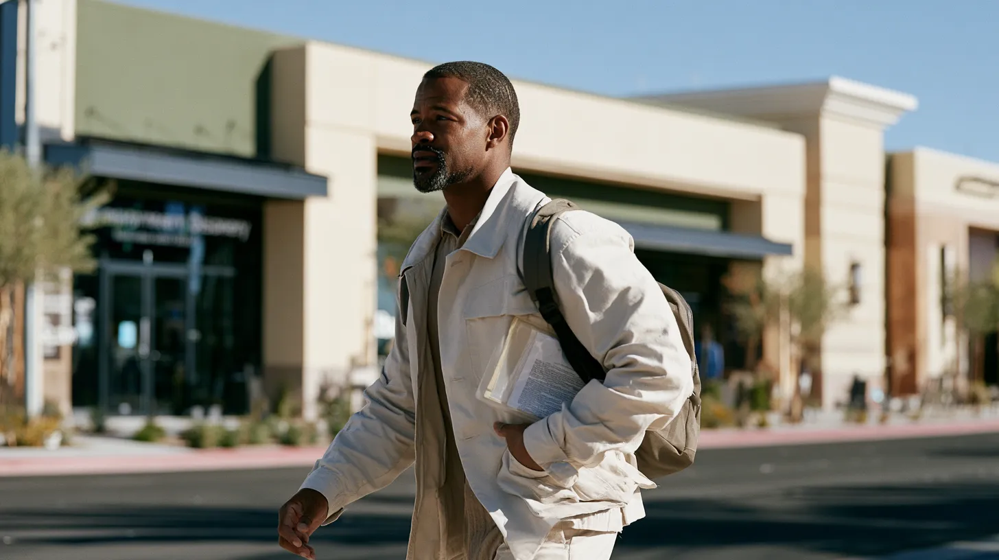 Nevada cannabis job applicant approaching a workplace while navigating criminal record and agent card eligibility requirements.