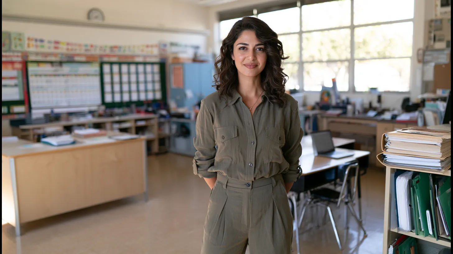 Nevada teacher standing in a classroom representing employment screening and background check requirements for educators.