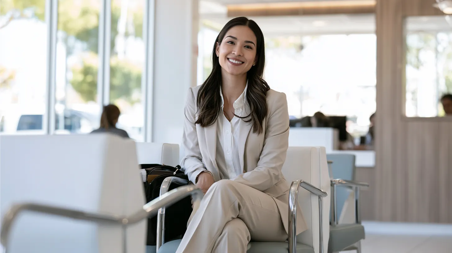 Professional job candidate waiting for an interview at a Nevada bank or credit union after addressing a criminal record.