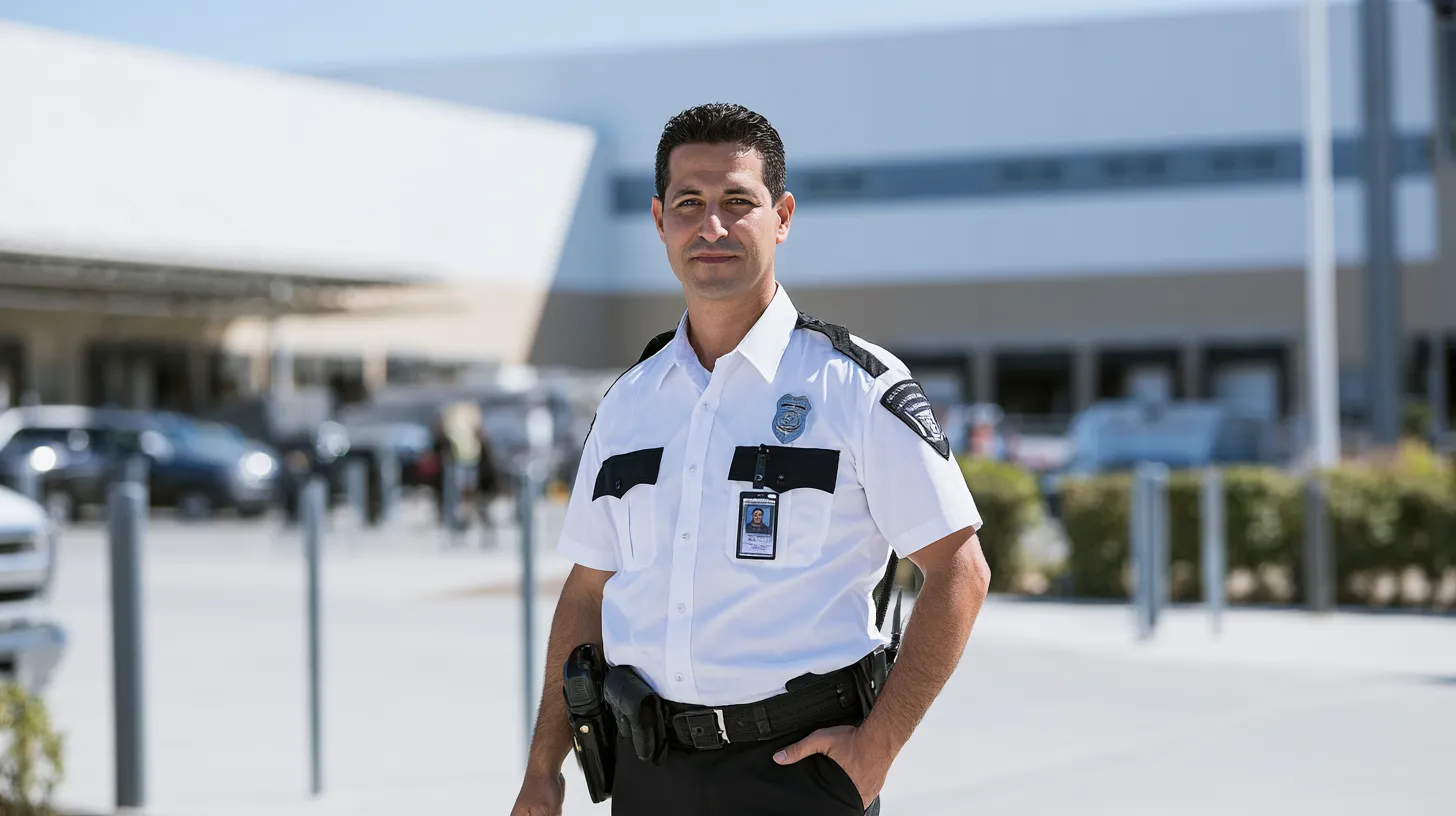 Uniformed security professional representing employment opportunities and PILB guard card eligibility in Nevada.