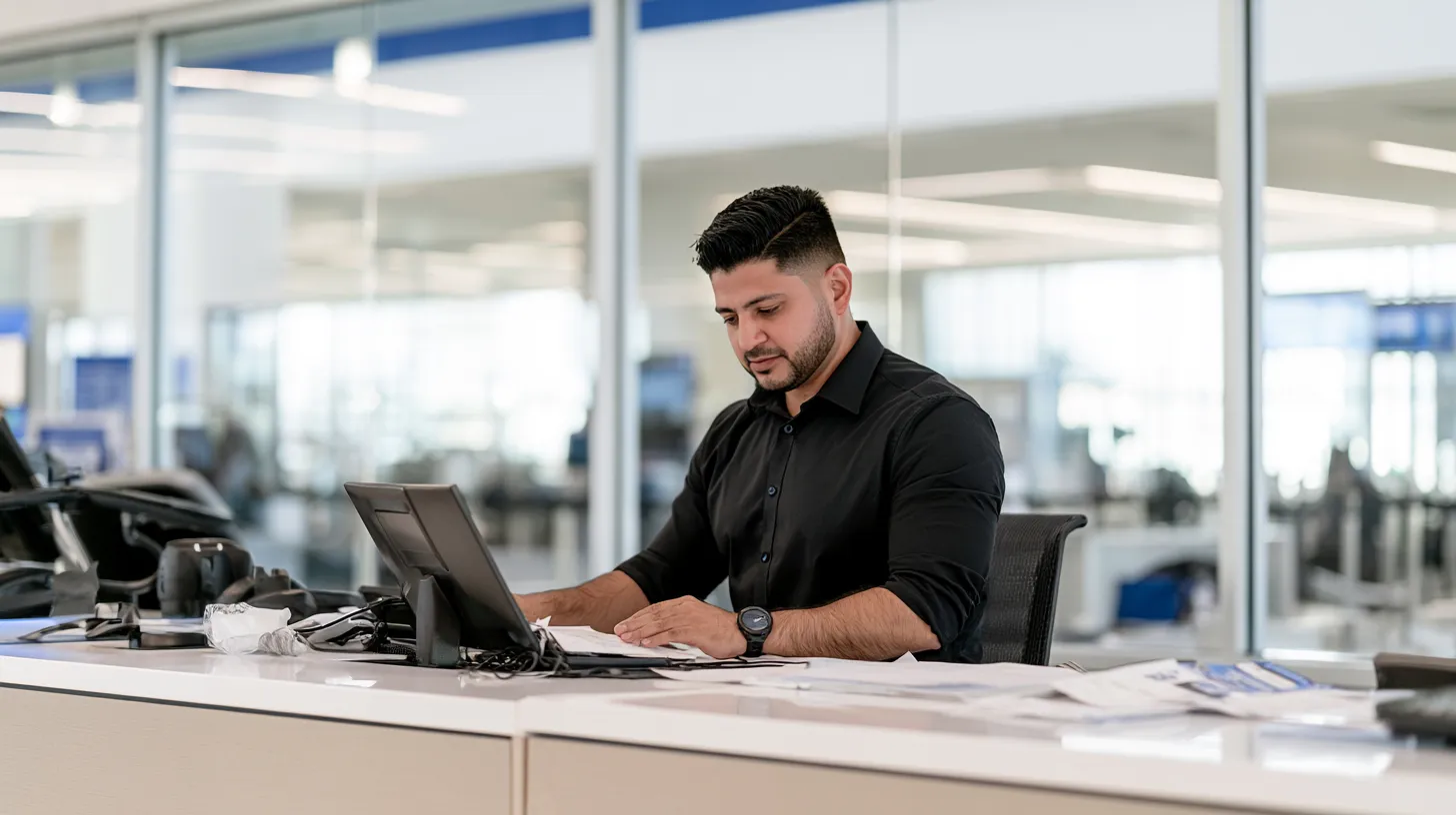 Airport employee reviewing paperwork as part of the employment and security clearance process at a Las Vegas airport.
