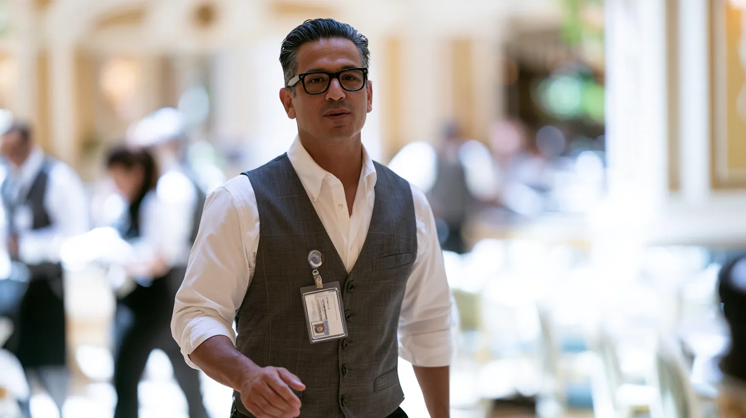 Hospitality employee wearing a work badge after completing the Las Vegas work card re-issuance process.
