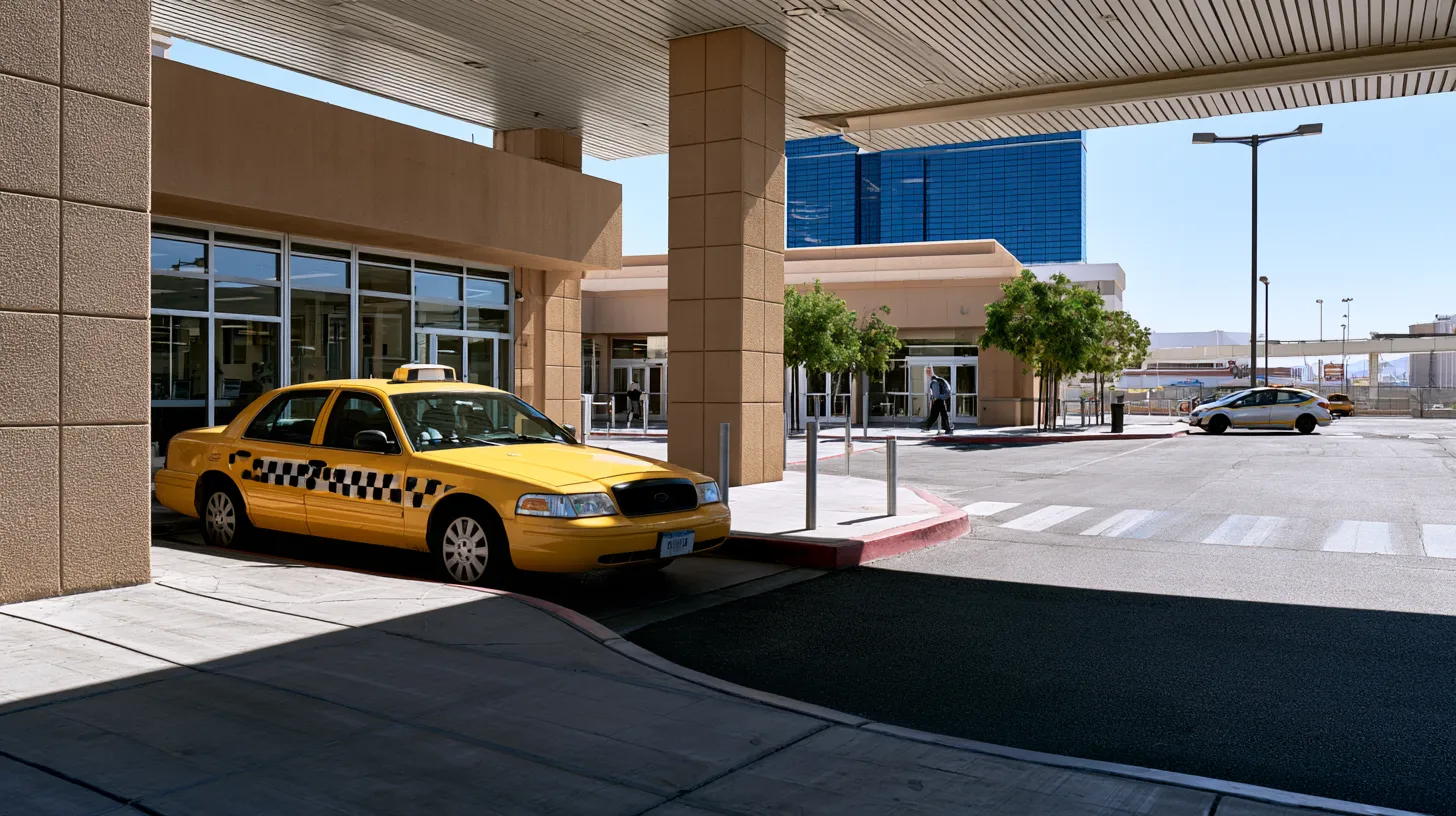 Las Vegas taxi outside a transportation facility representing taxi permit applications and licensing decisions involving criminal records.