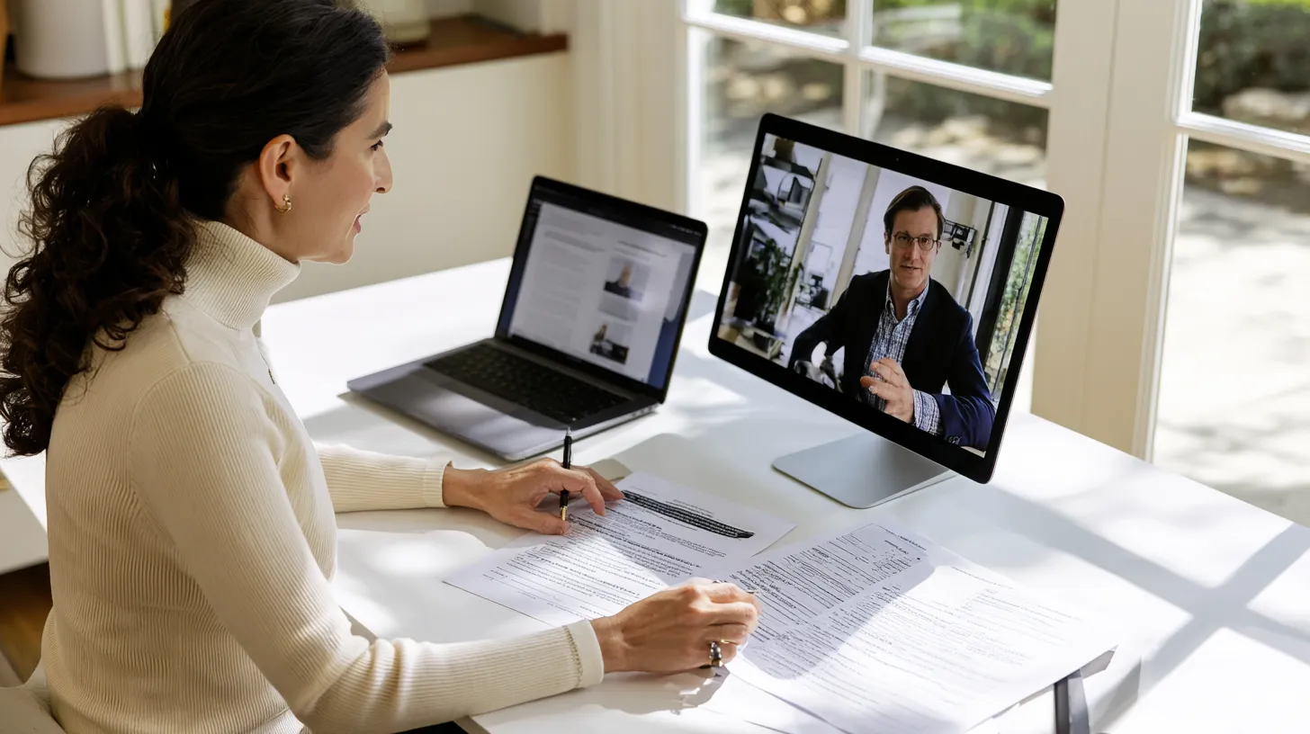 Woman discussing Nevada record sealing paperwork with an attorney during a remote legal consultation.