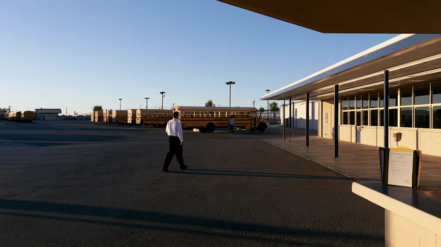 School transportation employee walking through a bus facility where employment records and driver qualifications are reviewed.