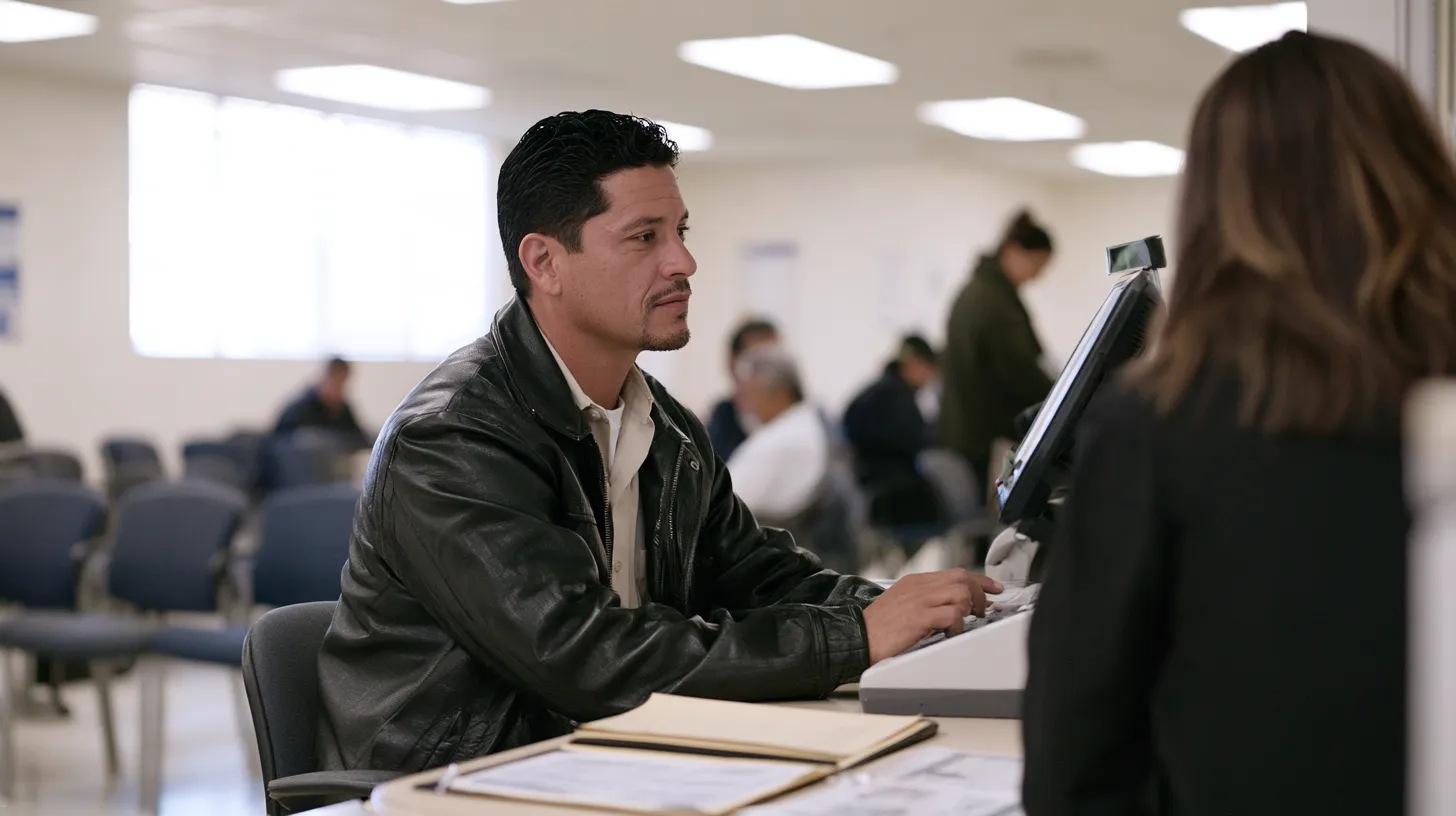 Caregiver job applicant speaking with staff during an employment and criminal background review in Nevada.