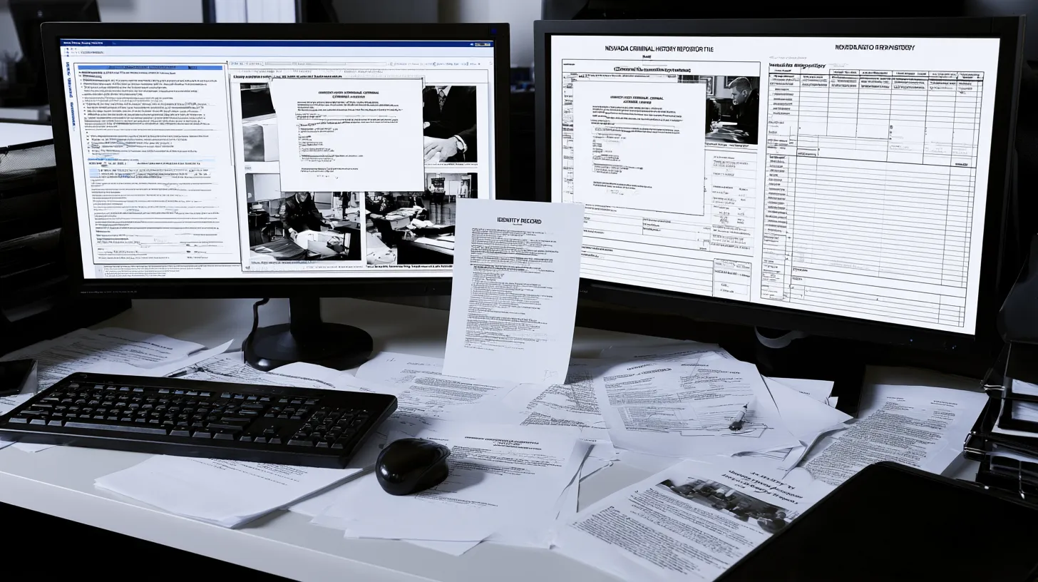 Computer screens displaying identity and Nevada criminal history records during a review of a background check error.