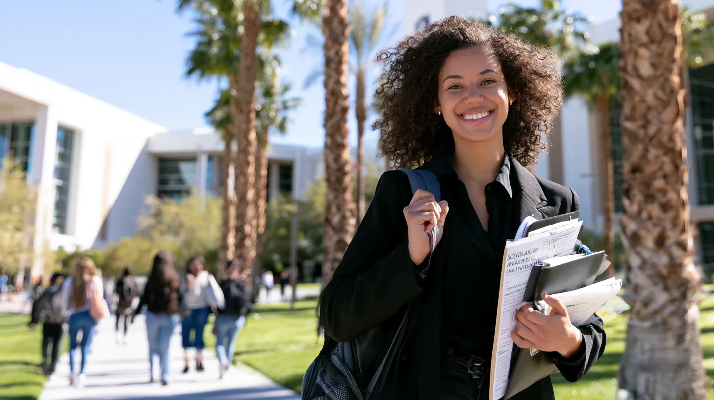 Nevada college student carrying scholarship and financial aid documents after record sealing while walking across a university campus.