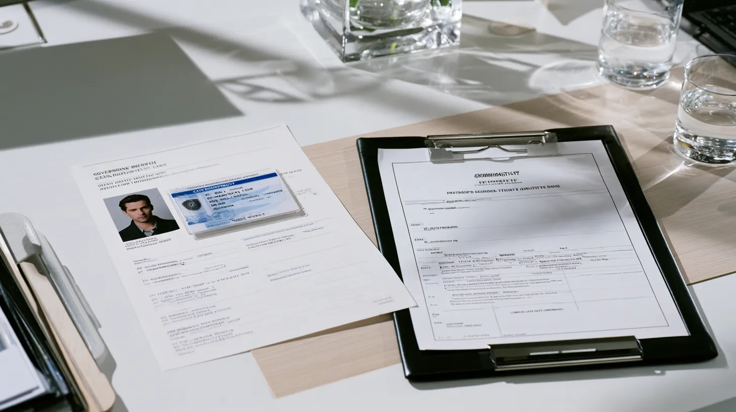 Identification and background check documents being reviewed for errors involving another person’s criminal record.