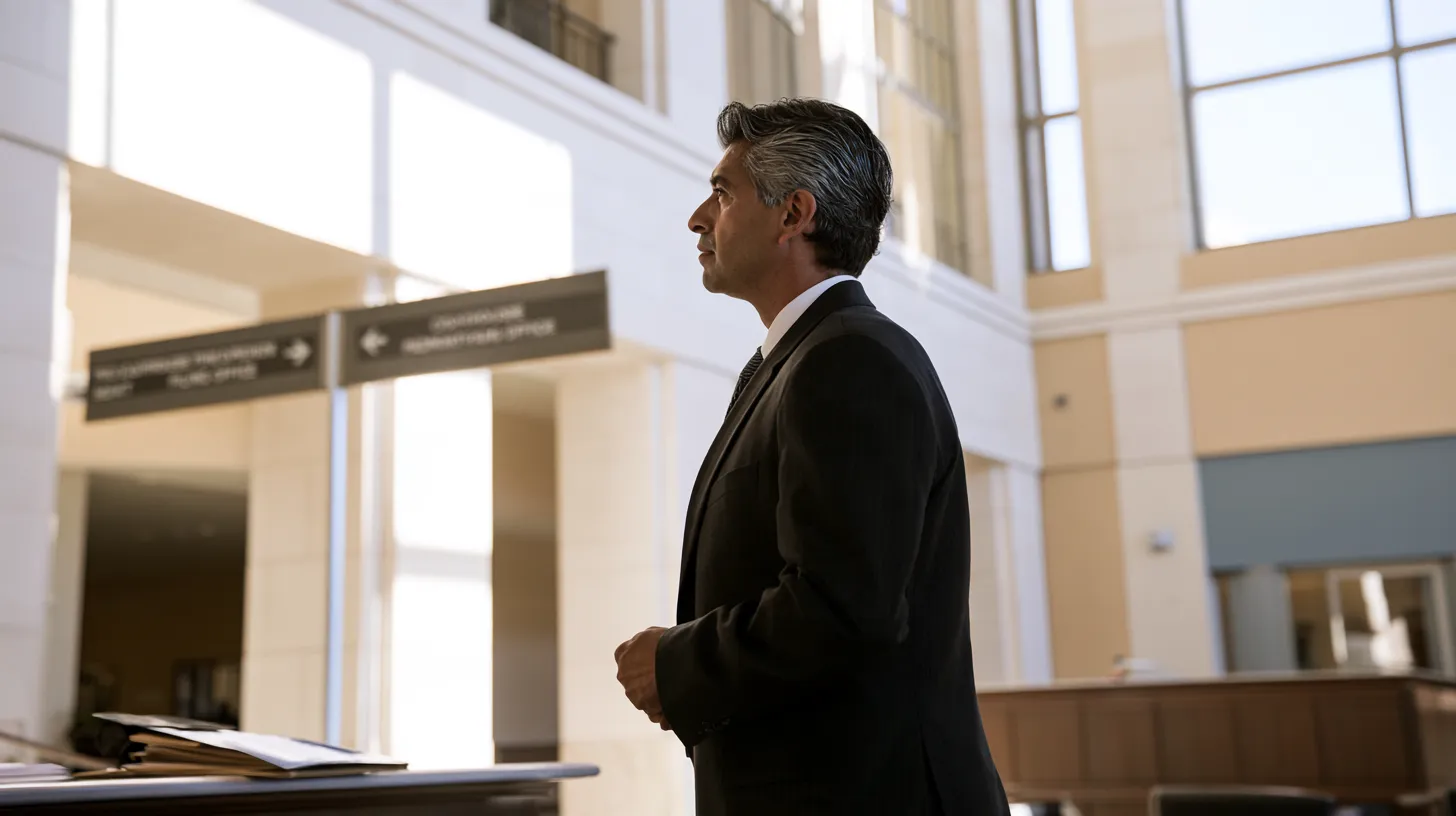 Attorney inside a courthouse preparing to file a record sealing petition in the proper Las Vegas court