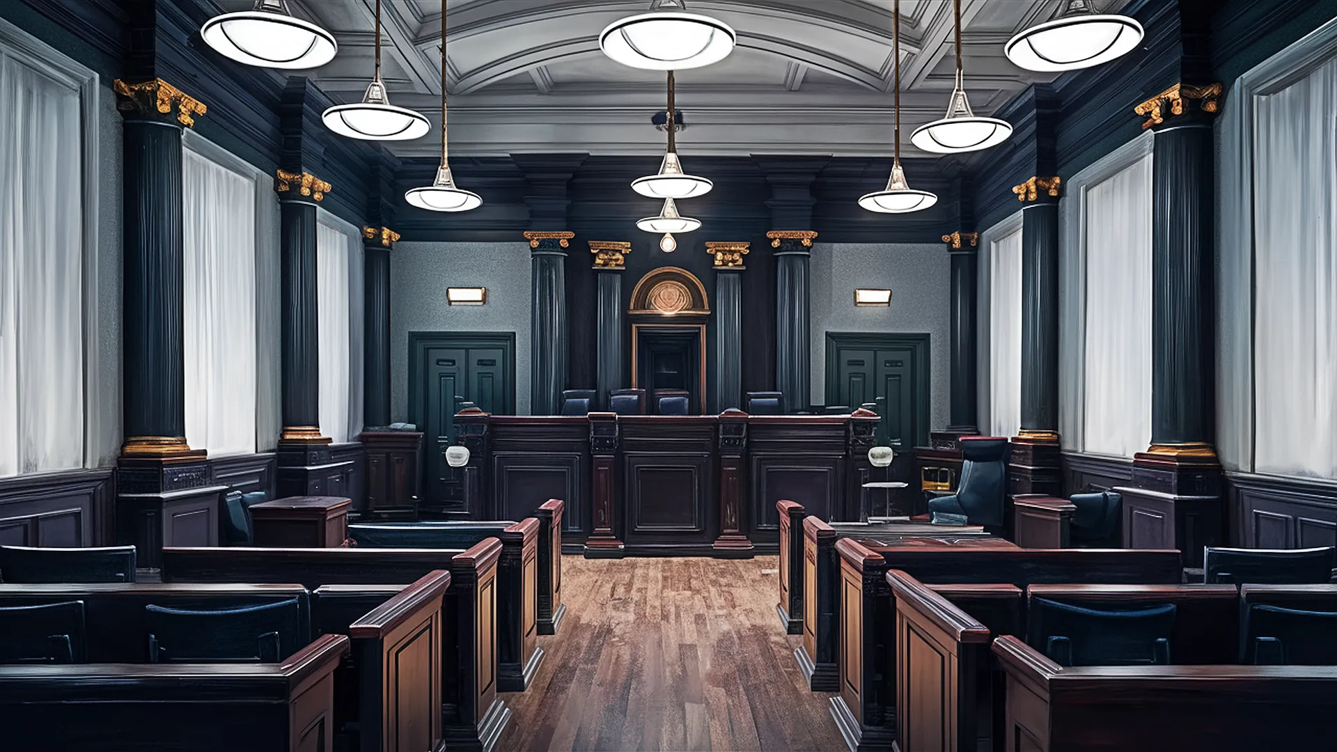 Traditional courtroom interior with judge’s bench, seating, and legal furnishings prepared for judicial proceedings.